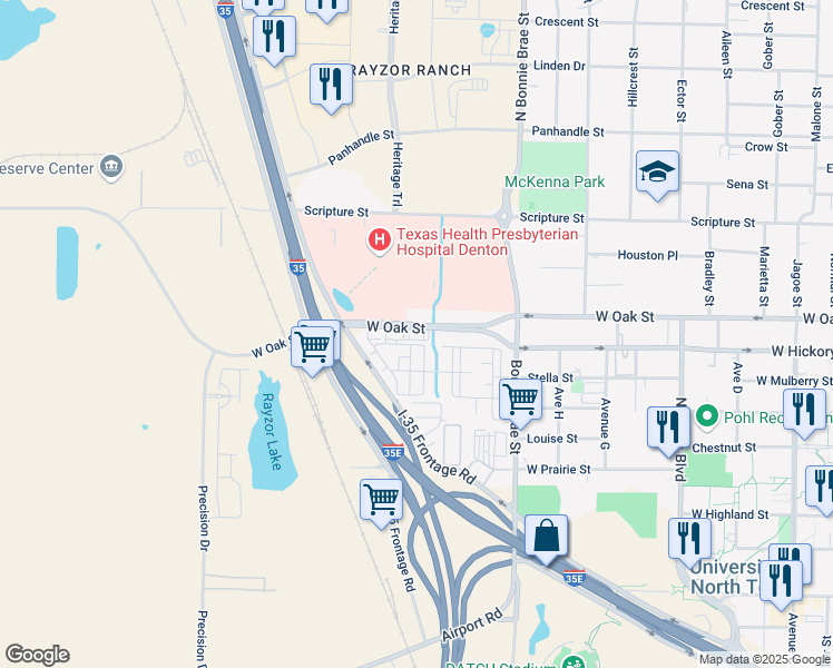 map of restaurants, bars, coffee shops, grocery stores, and more near 3537 West Oak Street in Denton