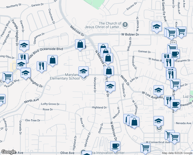 map of restaurants, bars, coffee shops, grocery stores, and more near 1247 Maryland Drive in Vista