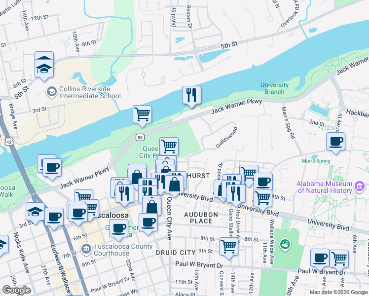 map of restaurants, bars, coffee shops, grocery stores, and more near 1747 Jack Warner Parkway in Tuscaloosa