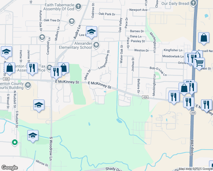 map of restaurants, bars, coffee shops, grocery stores, and more near 2445 East McKinney Street in Denton