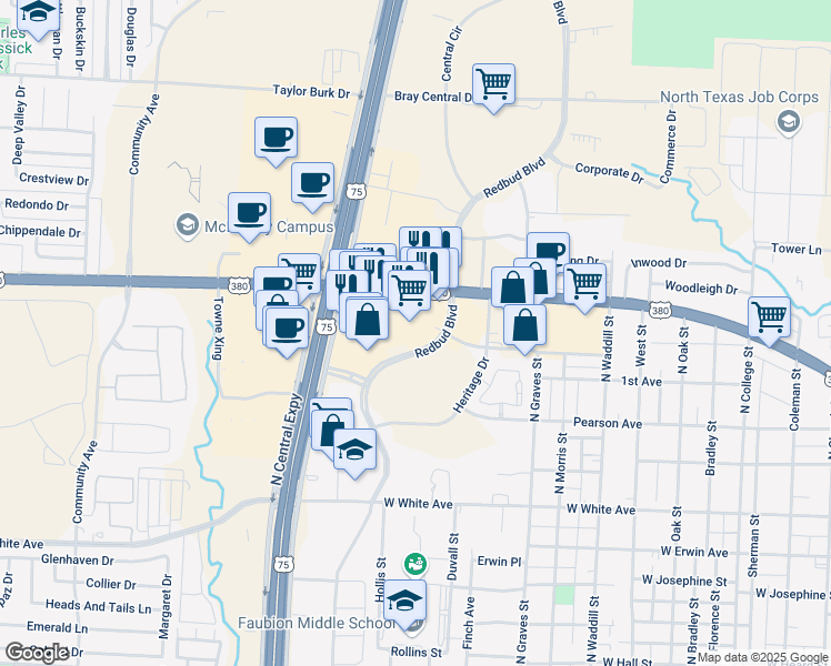 map of restaurants, bars, coffee shops, grocery stores, and more near 1600 Redbud Boulevard in McKinney