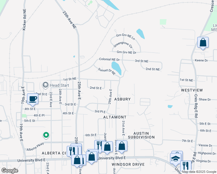 map of restaurants, bars, coffee shops, grocery stores, and more near 206-210 29th Ave E in Tuscaloosa