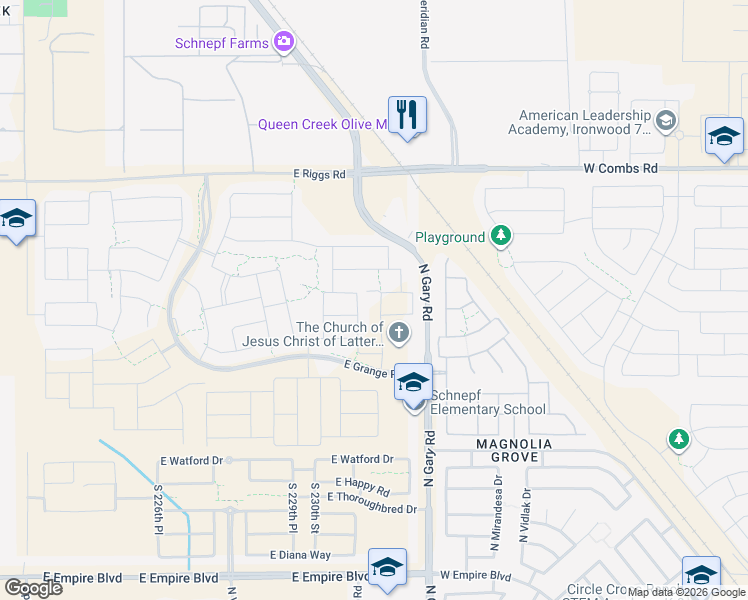 map of restaurants, bars, coffee shops, grocery stores, and more near 25677 South 230th Place in Queen Creek