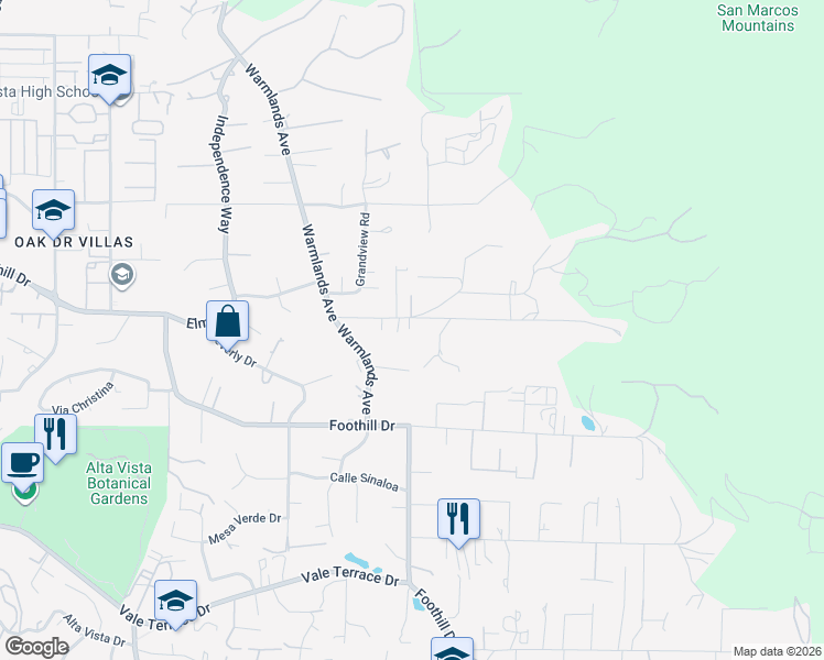 map of restaurants, bars, coffee shops, grocery stores, and more near 1221 Alessandro Lane in Vista