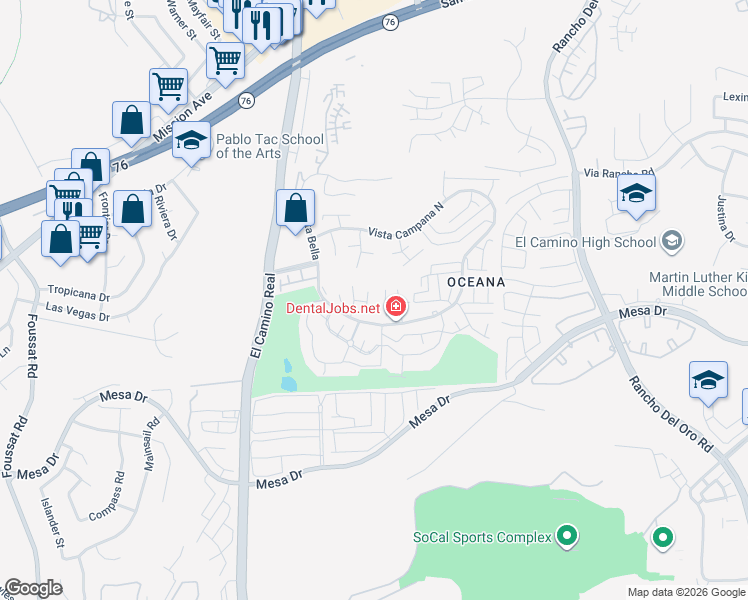 map of restaurants, bars, coffee shops, grocery stores, and more near 3760 Vista Campana South in Oceanside