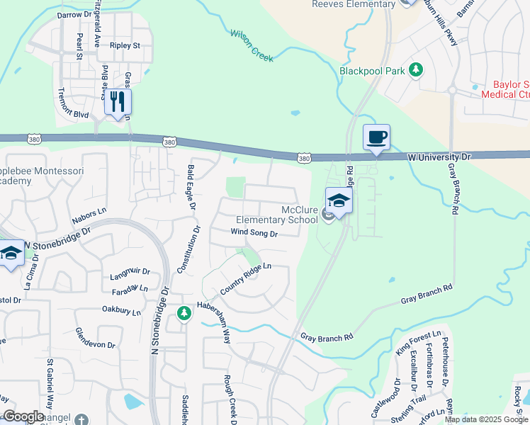map of restaurants, bars, coffee shops, grocery stores, and more near 6408 Valley View Drive in McKinney