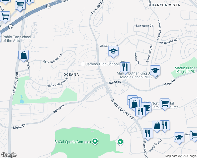 map of restaurants, bars, coffee shops, grocery stores, and more near 3865 Bay Leaf Way in Oceanside