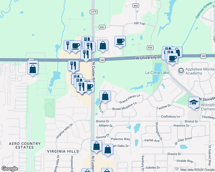 map of restaurants, bars, coffee shops, grocery stores, and more near 1517 Winter Haven Lane in McKinney