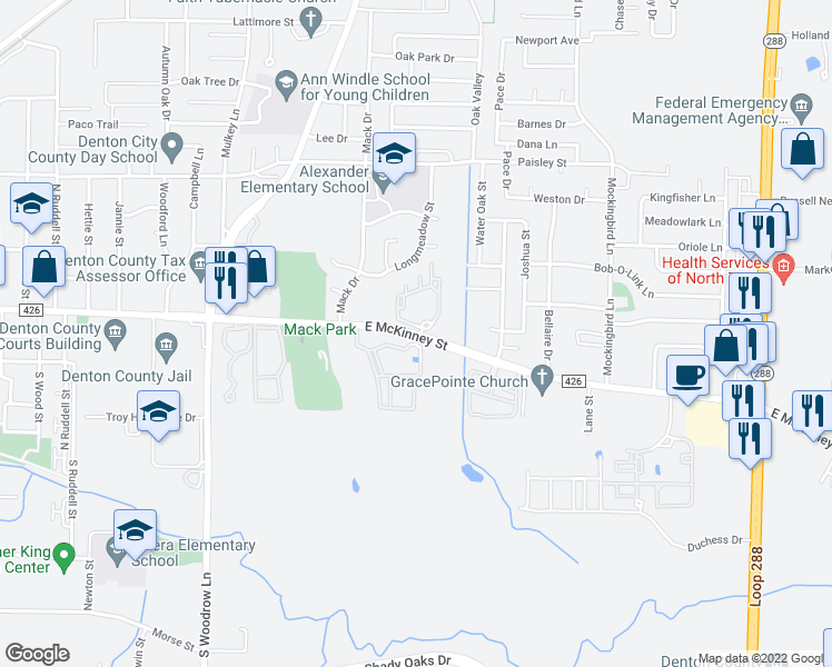 map of restaurants, bars, coffee shops, grocery stores, and more near 2415 East McKinney Street in Denton