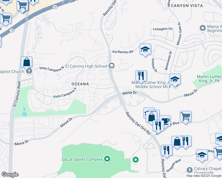 map of restaurants, bars, coffee shops, grocery stores, and more near 3865 Bay Leaf Way in Oceanside