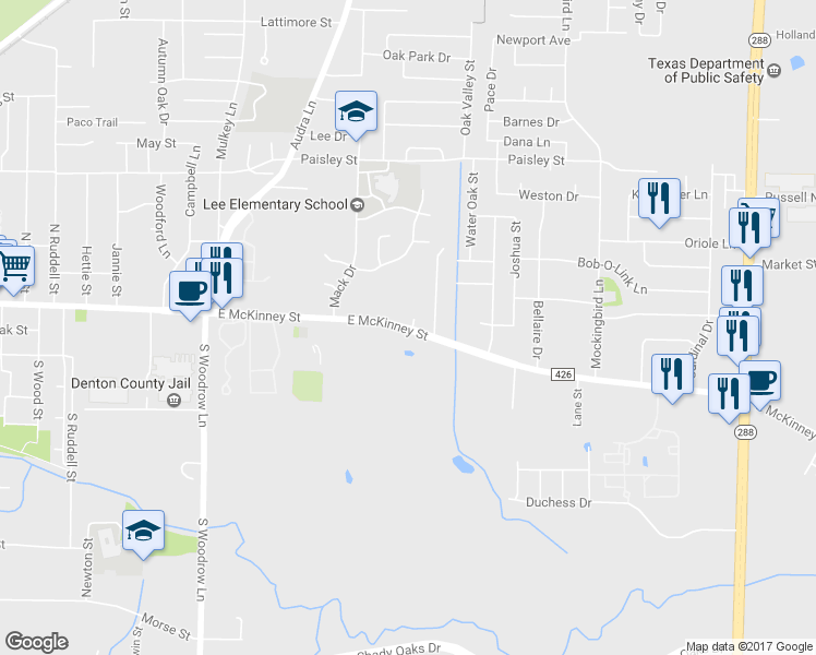 map of restaurants, bars, coffee shops, grocery stores, and more near 2413 East McKinney Street in Denton