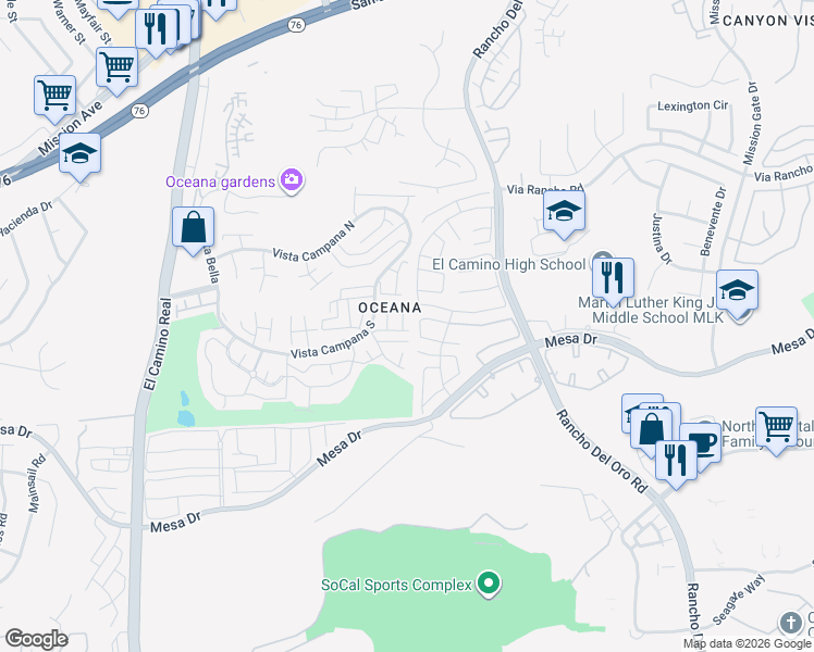 map of restaurants, bars, coffee shops, grocery stores, and more near 3839 Vista Campana South in Oceanside