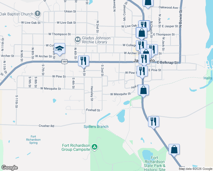 map of restaurants, bars, coffee shops, grocery stores, and more near 205 South 2nd Street in Jacksboro