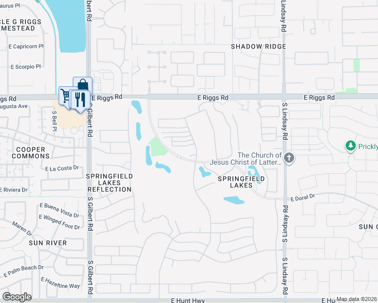 map of restaurants, bars, coffee shops, grocery stores, and more near 3446 East Waterview Drive in Chandler
