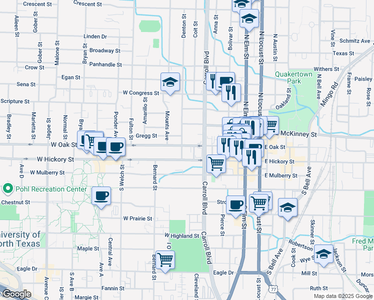 map of restaurants, bars, coffee shops, grocery stores, and more near 610 West Oak Street in Denton