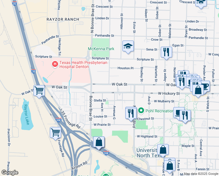 map of restaurants, bars, coffee shops, grocery stores, and more near 2222 West Oak Street in Denton