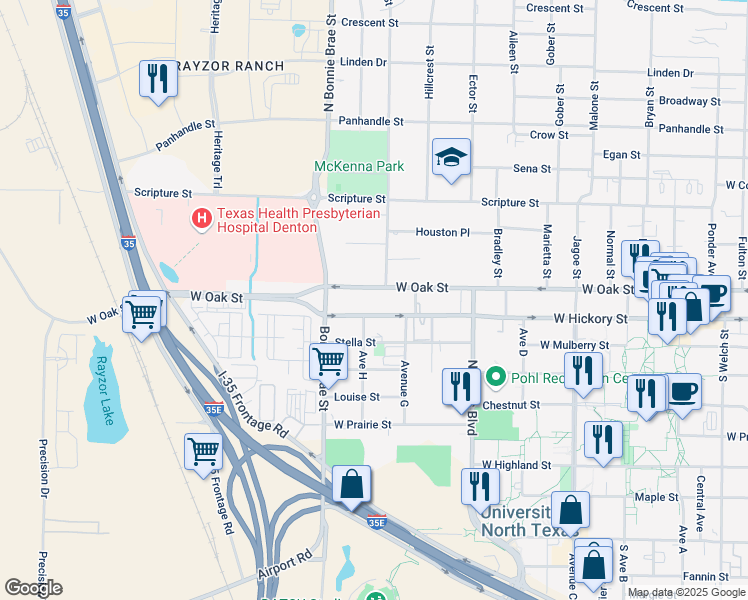 map of restaurants, bars, coffee shops, grocery stores, and more near 2266 West Oak Street in Denton