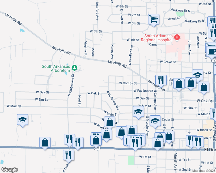 map of restaurants, bars, coffee shops, grocery stores, and more near 1506 West Faulkner Street in El Dorado