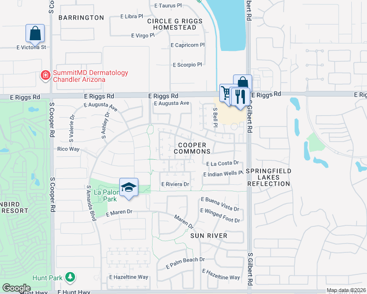 map of restaurants, bars, coffee shops, grocery stores, and more near 2664 East Bellerive Drive in Chandler