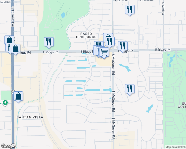 map of restaurants, bars, coffee shops, grocery stores, and more near 856 East Waterview Place in Chandler
