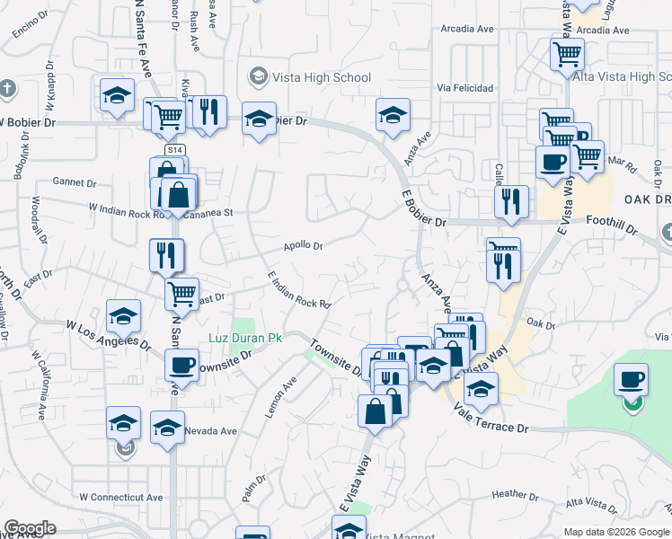 map of restaurants, bars, coffee shops, grocery stores, and more near 444 Victoria Place in Vista