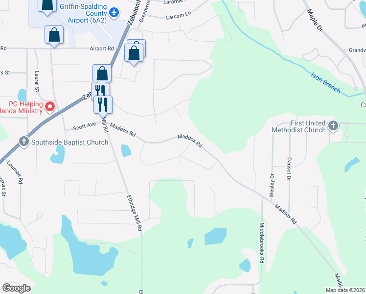 map of restaurants, bars, coffee shops, grocery stores, and more near 225 Maddox Road in Griffin