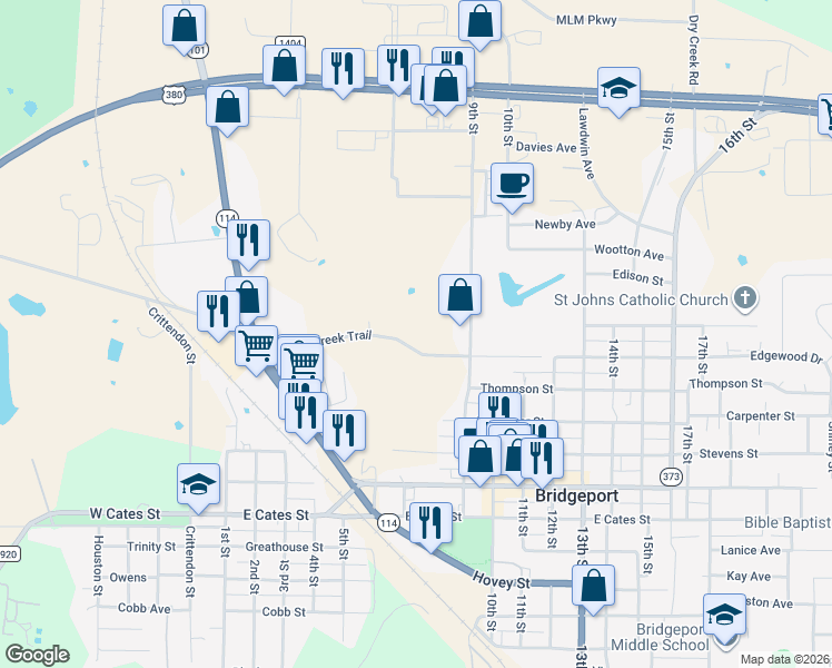 map of restaurants, bars, coffee shops, grocery stores, and more near 409 Turkey Creek Trail in Bridgeport