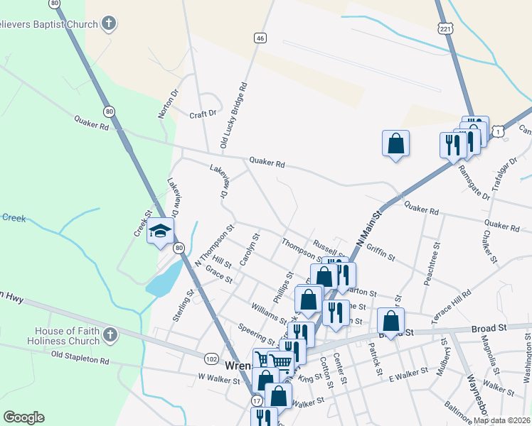 map of restaurants, bars, coffee shops, grocery stores, and more near 411 Russell Street in Wrens