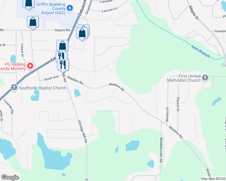 map of restaurants, bars, coffee shops, grocery stores, and more near 225 Maddox Road in Griffin