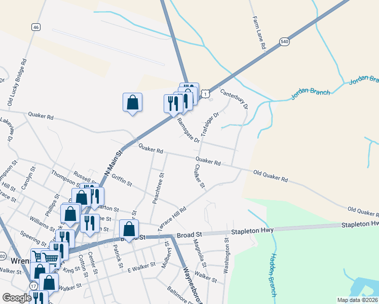 map of restaurants, bars, coffee shops, grocery stores, and more near 105 Trafalgar Drive in Wrens