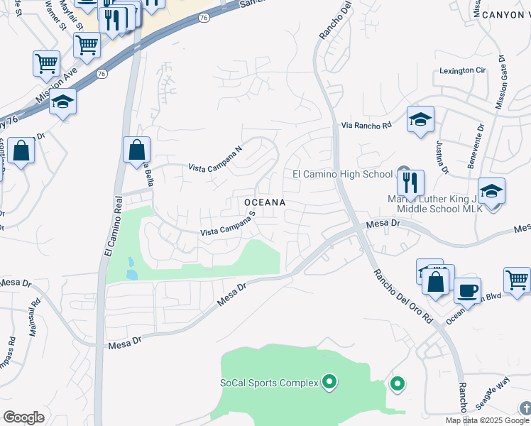map of restaurants, bars, coffee shops, grocery stores, and more near 3839 Vista Campana North in Oceanside