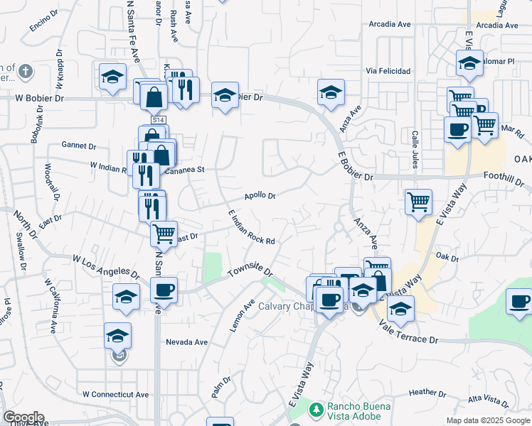 map of restaurants, bars, coffee shops, grocery stores, and more near in Vista