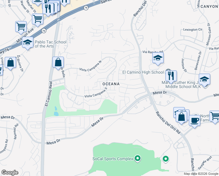 map of restaurants, bars, coffee shops, grocery stores, and more near 3808 Vista Campana South in Oceanside