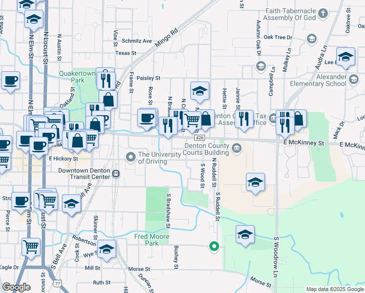 map of restaurants, bars, coffee shops, grocery stores, and more near 1013-10 East McKinney Street in Denton