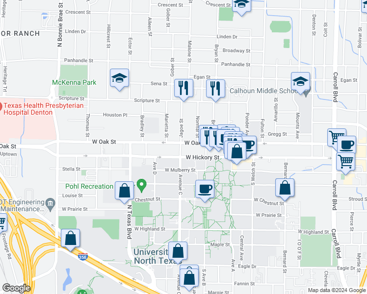 map of restaurants, bars, coffee shops, grocery stores, and more near 1624 West Oak Street in Denton