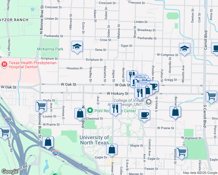 map of restaurants, bars, coffee shops, grocery stores, and more near 1800 West Oak Street in Denton