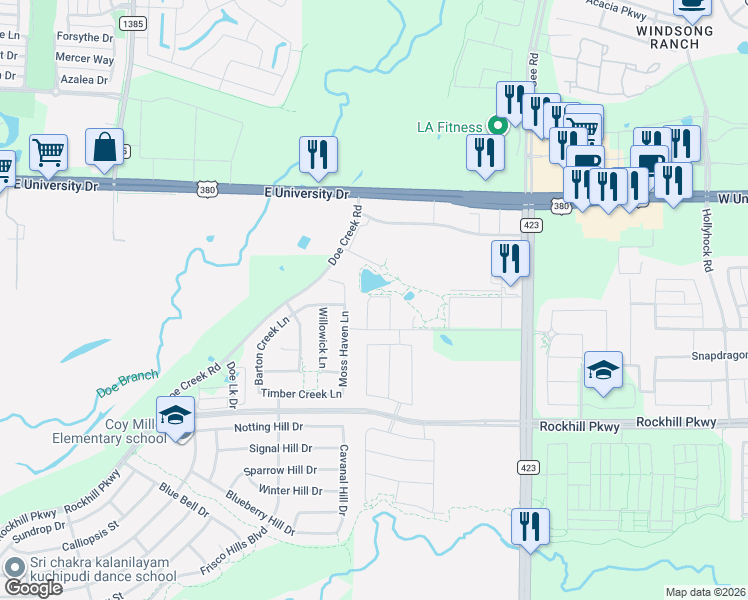 map of restaurants, bars, coffee shops, grocery stores, and more near Doe Creek Road in Little Elm