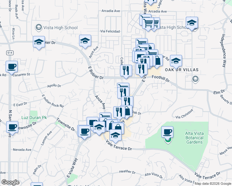 map of restaurants, bars, coffee shops, grocery stores, and more near 1212 Calle Jules in Vista