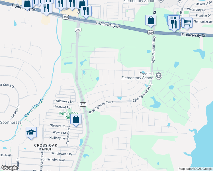 map of restaurants, bars, coffee shops, grocery stores, and more near 4201 Farm to Market Road 720 in Aubrey