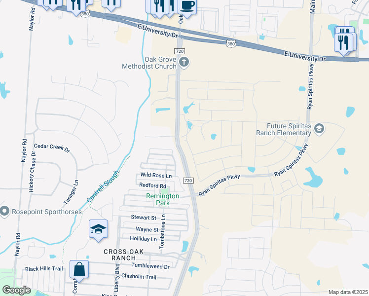 map of restaurants, bars, coffee shops, grocery stores, and more near 4201 Farm to Market Road 720 in Aubrey