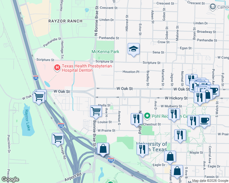 map of restaurants, bars, coffee shops, grocery stores, and more near 2222 West Oak Street in Denton