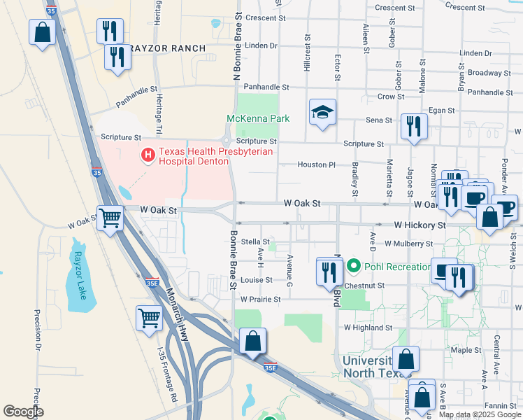 map of restaurants, bars, coffee shops, grocery stores, and more near 2281 West Oak Street in Denton