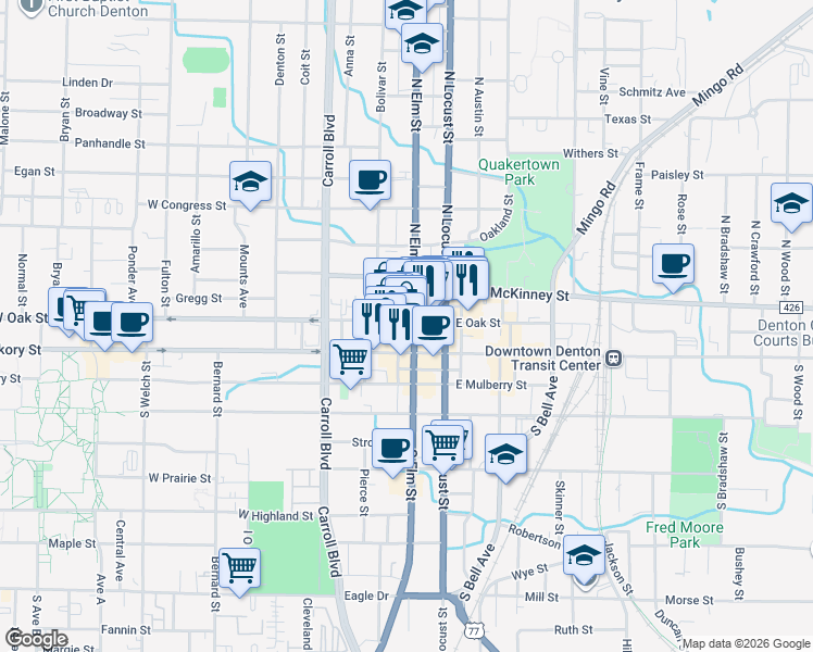 map of restaurants, bars, coffee shops, grocery stores, and more near 203 West Oak Street in Denton