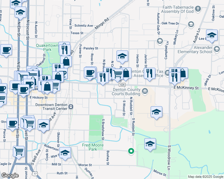 map of restaurants, bars, coffee shops, grocery stores, and more near 1013-10 East McKinney Street in Denton