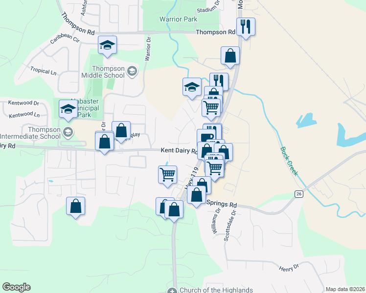 map of restaurants, bars, coffee shops, grocery stores, and more near 300 Buck Creek Circle in Alabaster