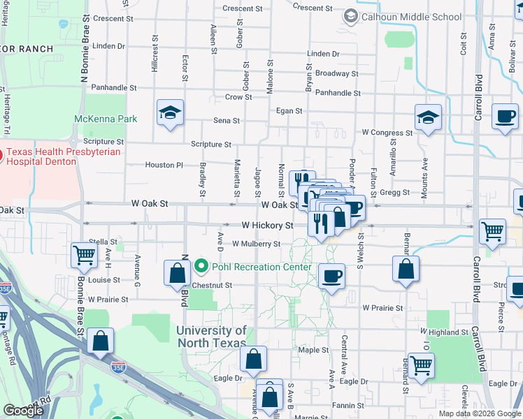 map of restaurants, bars, coffee shops, grocery stores, and more near 1624 West Oak Street in Denton
