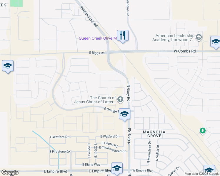 map of restaurants, bars, coffee shops, grocery stores, and more near 25677 South 230th Place in Queen Creek