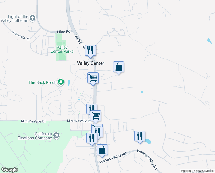 map of restaurants, bars, coffee shops, grocery stores, and more near 27825 1/2 Valley Center Road in Valley Center