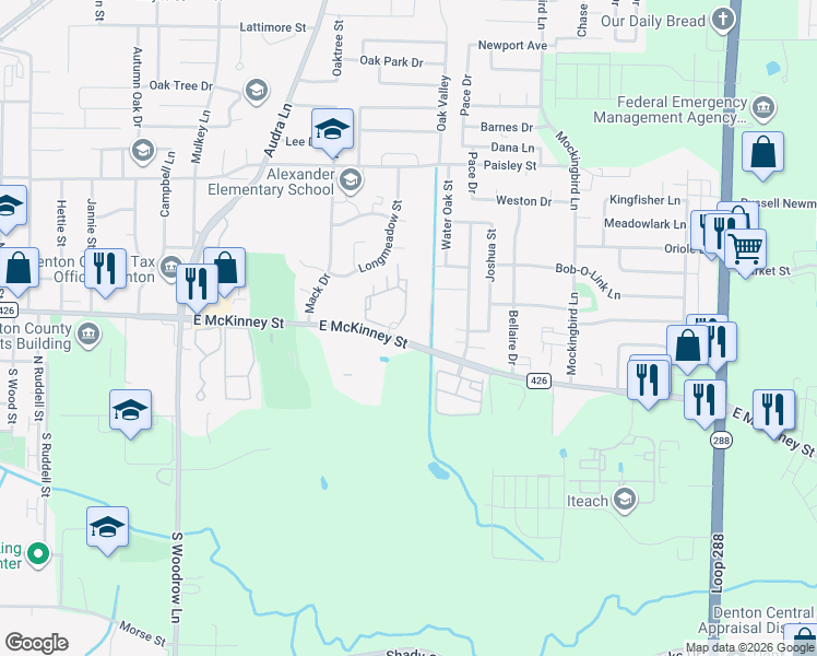 map of restaurants, bars, coffee shops, grocery stores, and more near 2501 East McKinney Street in Denton