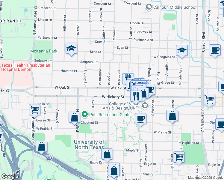 map of restaurants, bars, coffee shops, grocery stores, and more near 1701 West Oak Street in Denton